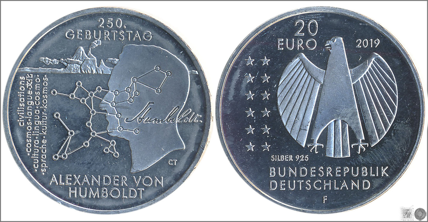 Alemania - Federal - 2019 - Monedas euros en plata - S/C / UNC - 20 € Año 2019 Letra F / Alexander von Humbo