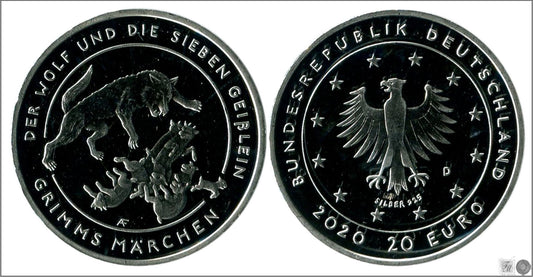 Alemania - Federal - 2020 - Monedas euros en plata - S/C / UNC - 20 € año 2020 letra D / Wolf und die sieben Geiblein