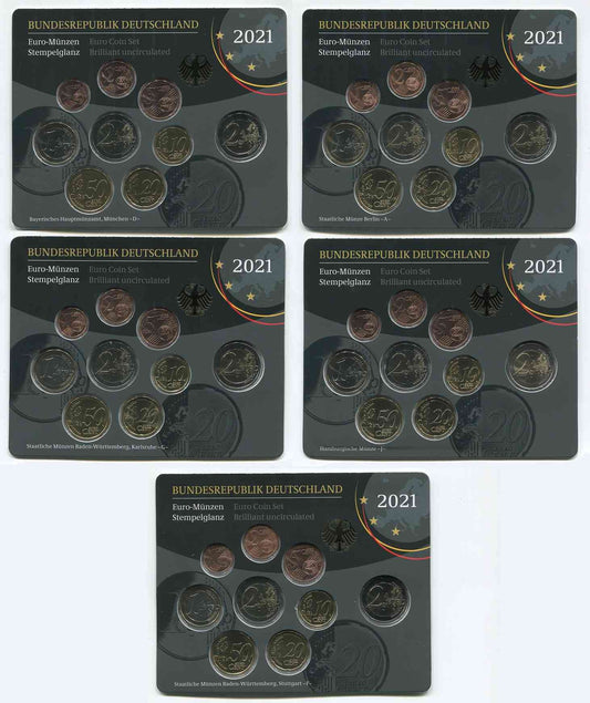 Alemania - Federal - 2021 - Monedas Euros en cartera oficial - FDC / MS - Juego 5 Carteras 2021 (45 monedas)