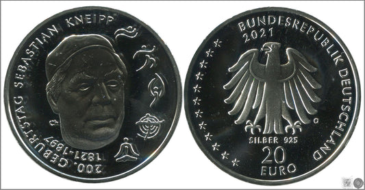 Alemania - Federal - 2021 - Monedas euros en plata - S/C / UNC - 20 € año 2021/ Sebastian Kneipp / Letra G