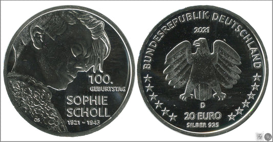 Alemania - Federal - 2021 - Monedas euros en plata - S/C / UNC - 20 € año 2021/ Sophie Scholl / Letra D