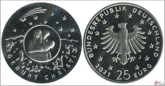 Alemania - Federal - 2021 - Monedas euros en plata - S/C / UNC - 25 € año 2021/ Nacimiento de Cristo / Letra J