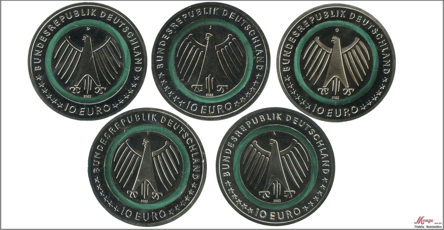 Alemania - Federal - 2022 - Monedas Euros circulación - S/C / UNC - 10 € Año 2022 / 5 Letras / Serie completa (5 monedas) / Cuid