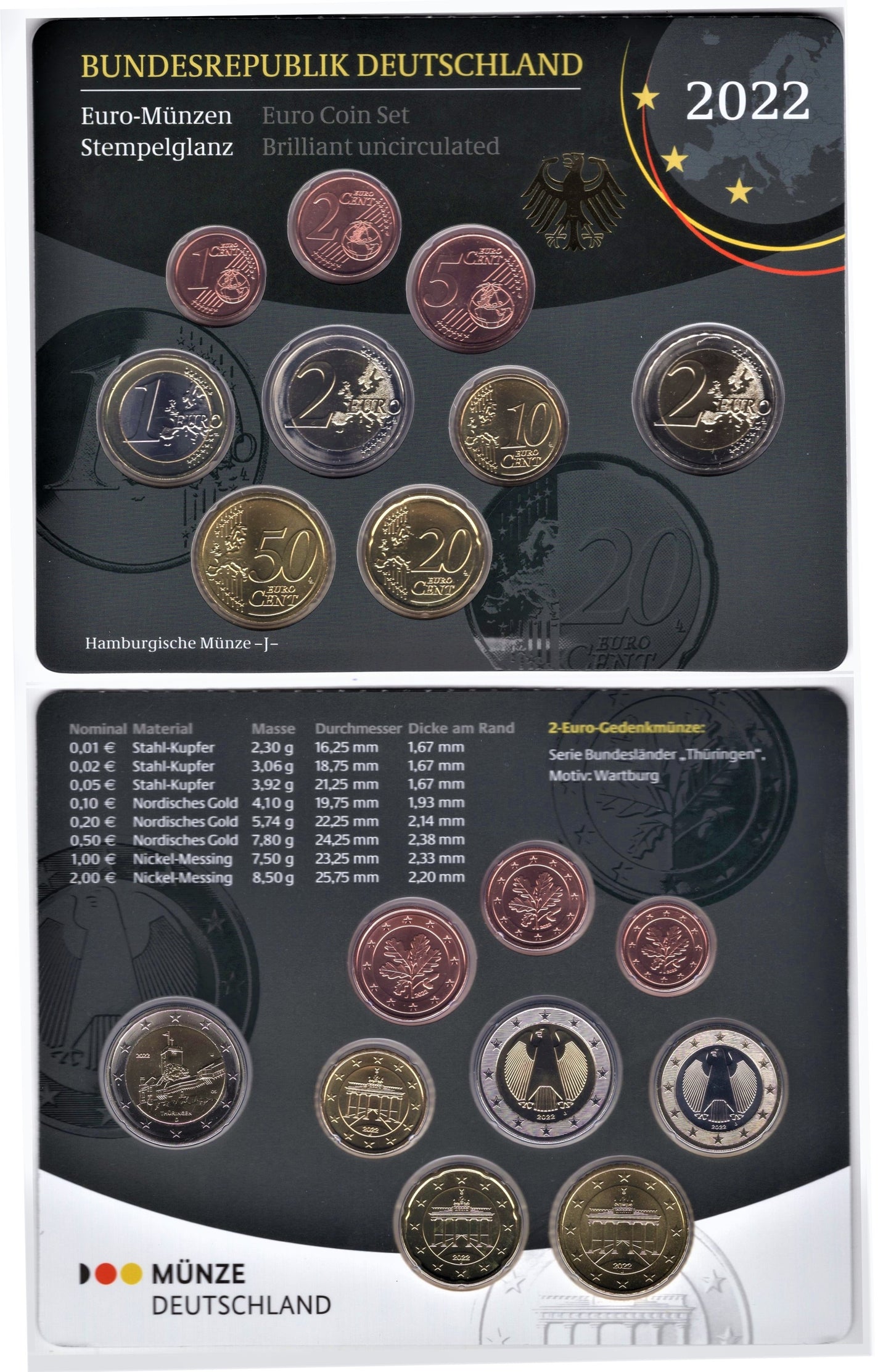 Alemania - Federal - 2022 - Monedas Euros en cartera oficial - FDC / MS - Cartera 2022 (9 monedas)