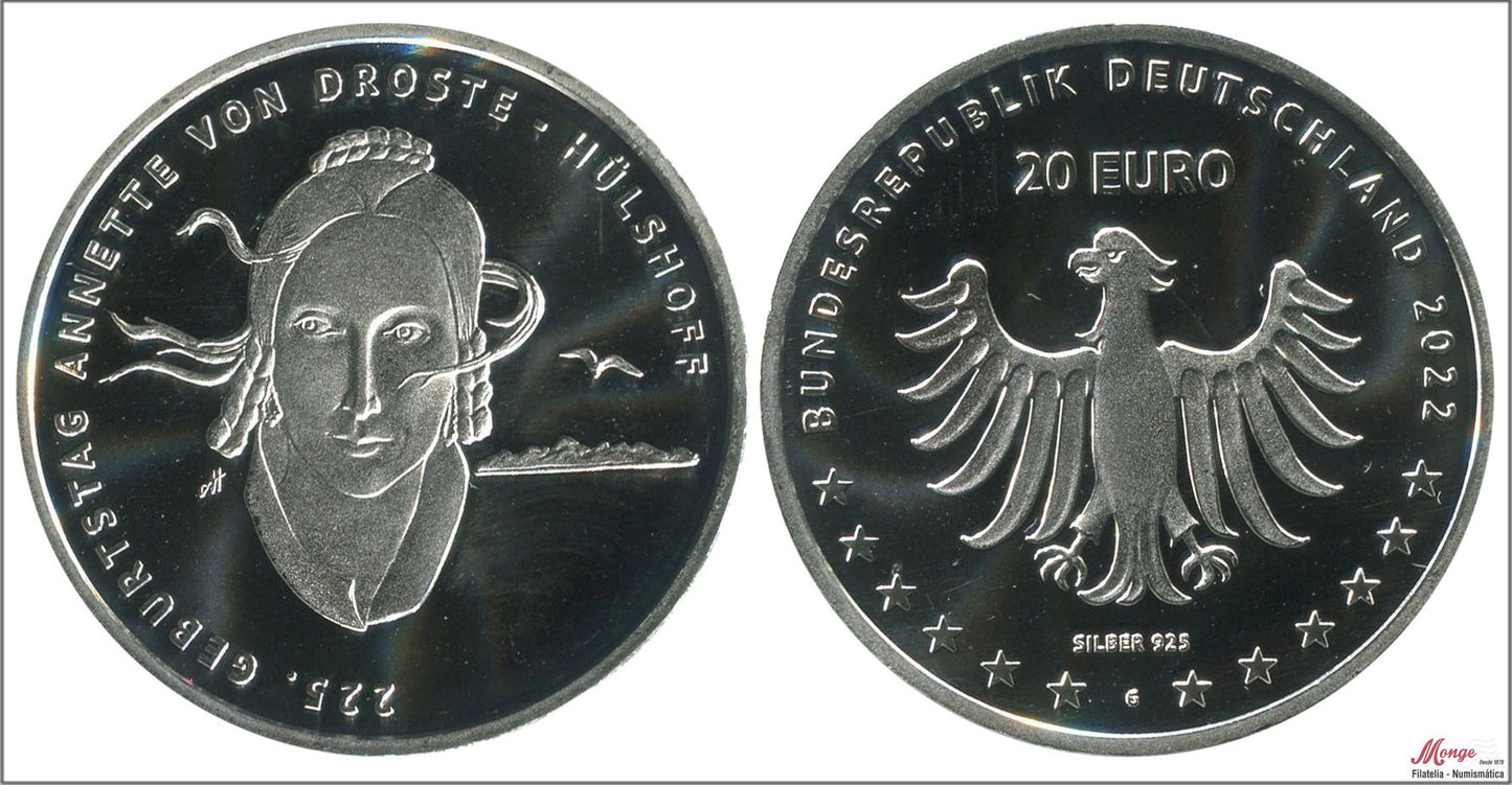 Alemania - Federal - 2022 - Monedas euros en plata - S/C / UNC - 20 € año 2022 / Annette von Droste Hulshoff / Letra G