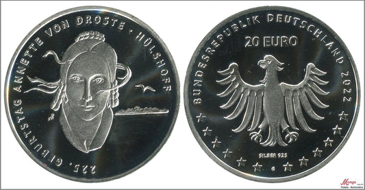 Alemania - Federal - 2022 - Monedas euros en plata - S/C / UNC - 20 € año 2022 / Annette von Droste Hulshoff / Letra G