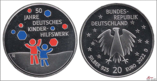 Alemania - Federal - 2022 - Monedas euros en plata - S/C / UNC - 20 € año 2022 / Caridad de los niños / Letra D