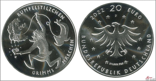 Alemania - Federal - 2022 - Monedas euros en plata - S/C / UNC - 20 € año 2022 / Hermanos Grimm / Letra J