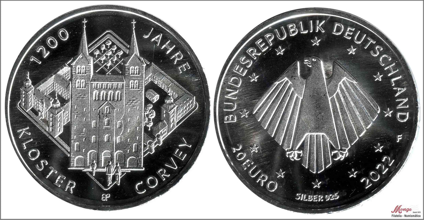 Alemania - Federal - 2022 - Monedas euros en plata - S/C / UNC - 20 € año 2022 / Kloster Corvey / Letra F