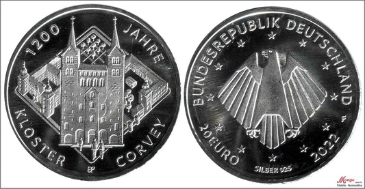 Alemania - Federal - 2022 - Monedas euros en plata - S/C / UNC - 20 € año 2022 / Kloster Corvey / Letra F