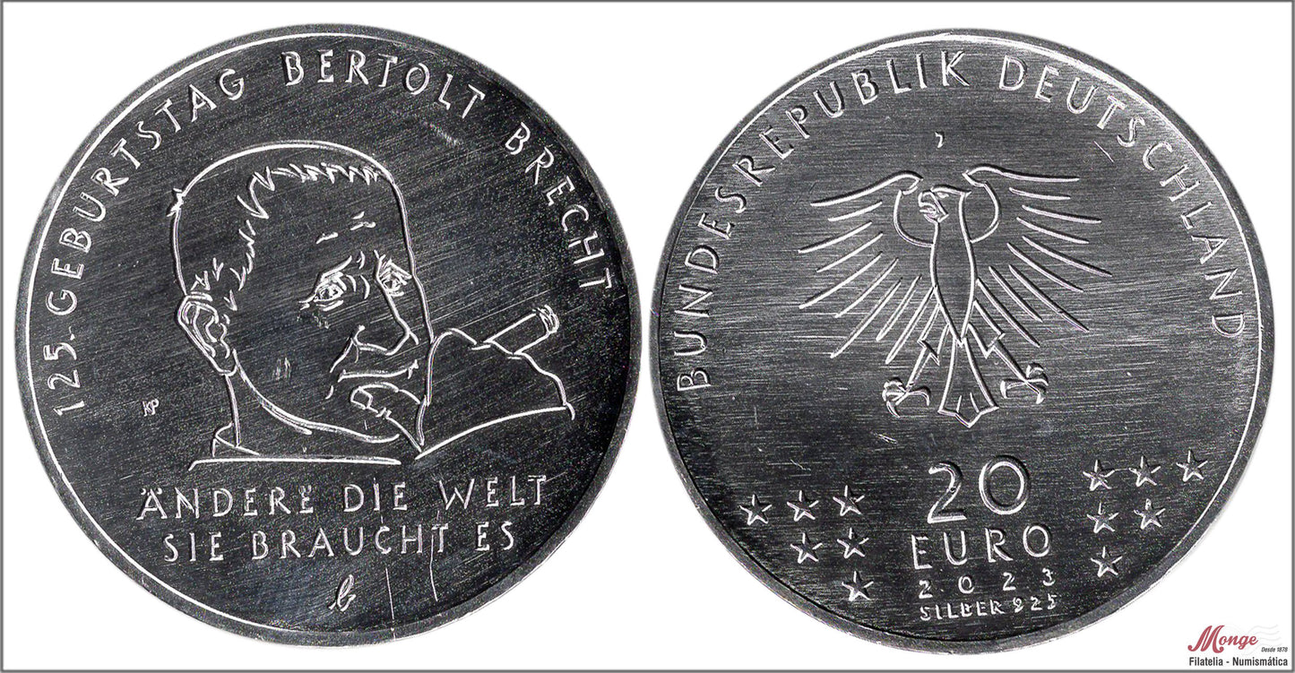 Alemania - Federal - 2023 - Monedas euros en plata - S/C / UNC - 20 € año 2023 / Bertolt Brecht / Letra J