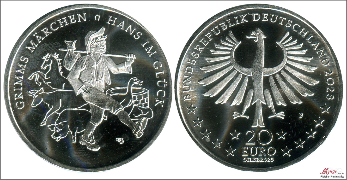 Alemania - Federal - 2023 - Monedas euros en plata - S/C / UNC - 20 € año 2023 / Hans en la felicidad / Letra F