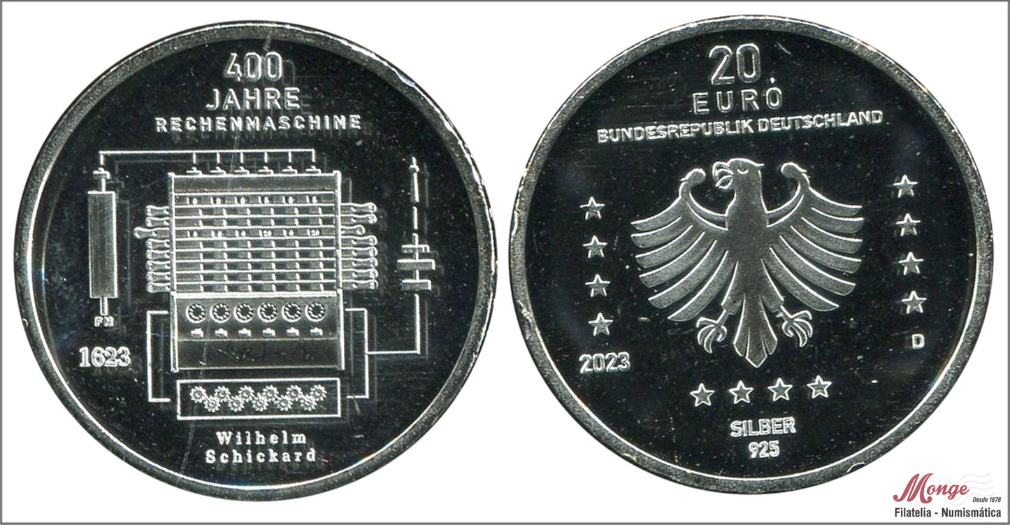 Alemania - Federal - 2023 - Monedas euros en plata - S/C / UNC - 20 € año 2023 / Maquina Calculadora Wilhelm / Letra D