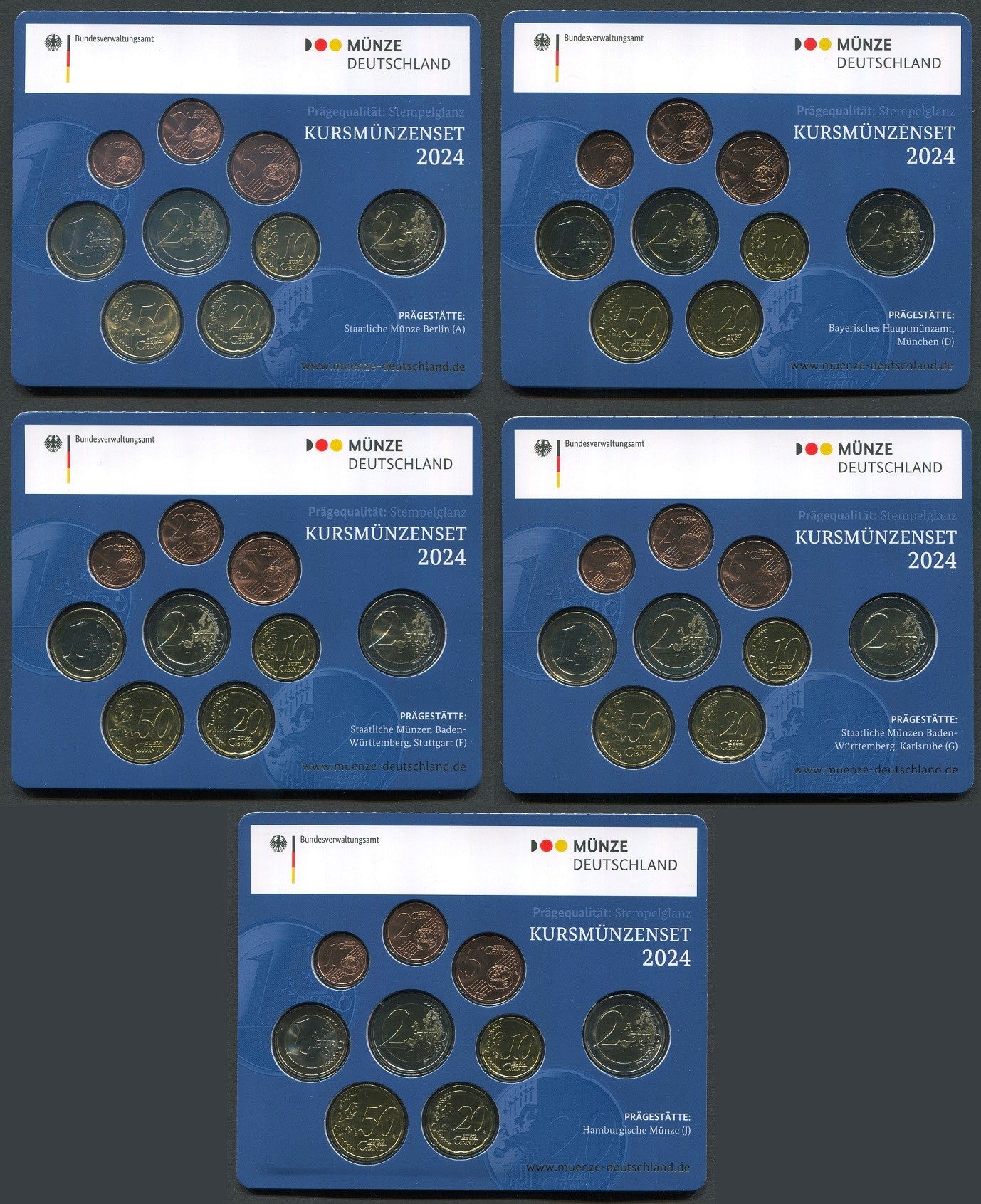 Alemania - Federal - 2024 - Monedas Euros en cartera oficial - FDC / MS - Juego 5 Carteras 2024 (45 monedas)