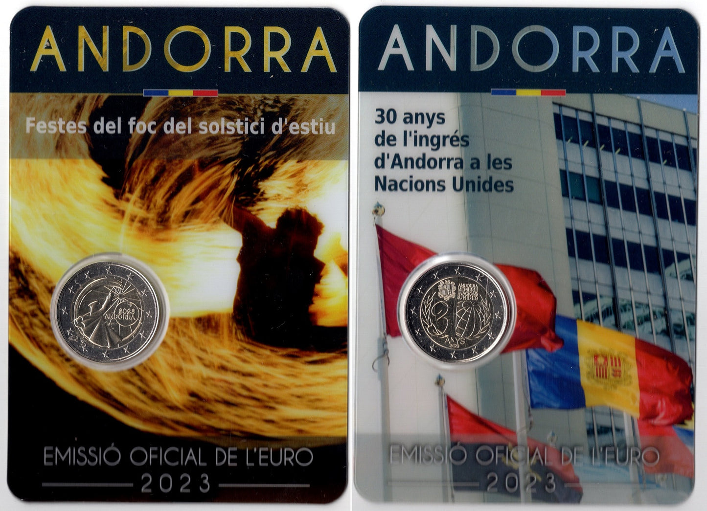 Andorra - 2023 - Monedas Euros circulación - S/C / UNC - 2 € Año 2023 / Festes del foc i 30 Anys a les Nacions Unides / En blist