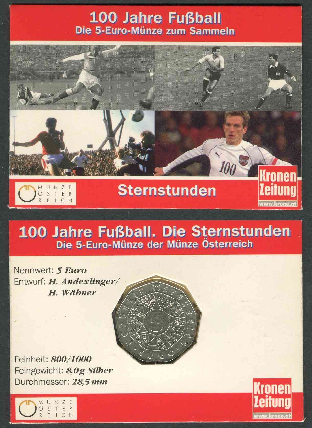 Austria - 2004 - Monedas euros en plata - Nº KM03111 - S/C / UNC - 5 € año 2004 Centenario del futbol en Blister