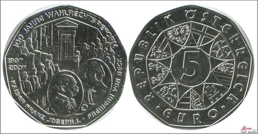 Austria - 2007 - Monedas euros en plata - Nº KM03144 - S/C / UNC - 5 € año 2007 / 100 Aniv. Reforma voto