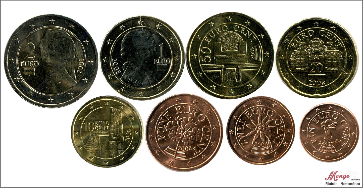 Austria - 2008 - Monedas Euros circulación - S/C / UNC - Año 2008 (8 monedas)