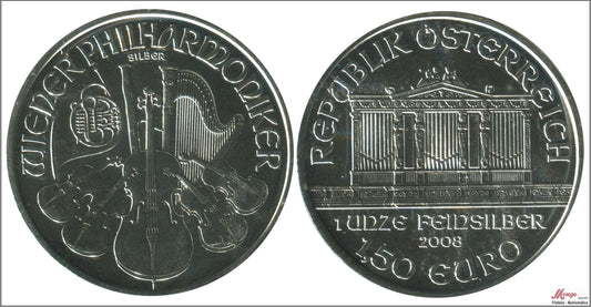 Austria - 2008 - Monedas euros en plata - FDC / MS - 1´50 € Año 2008 / Wiener Philharmoniker / 31,50 gr. plata