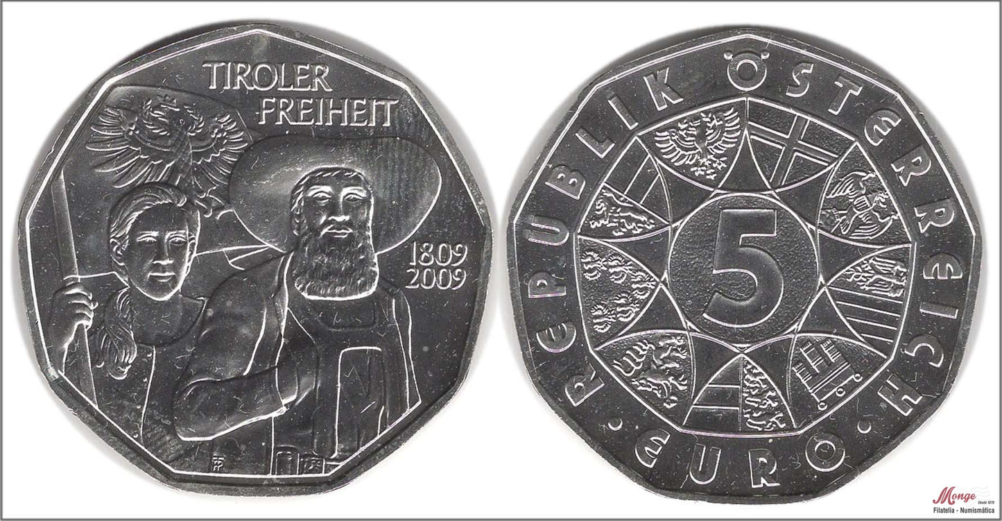 Austria - 2009 - Monedas euros en plata - S/C / UNC - 5 € Año 2009 / Tiroler Freiheit