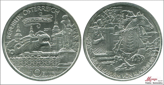 Austria - 2011 - Monedas euros en plata - Nº KM03197 - S/C / UNC - 10 € Año 2011 / Der Lindwurm Klagenfurt / 17,30 gr. plata