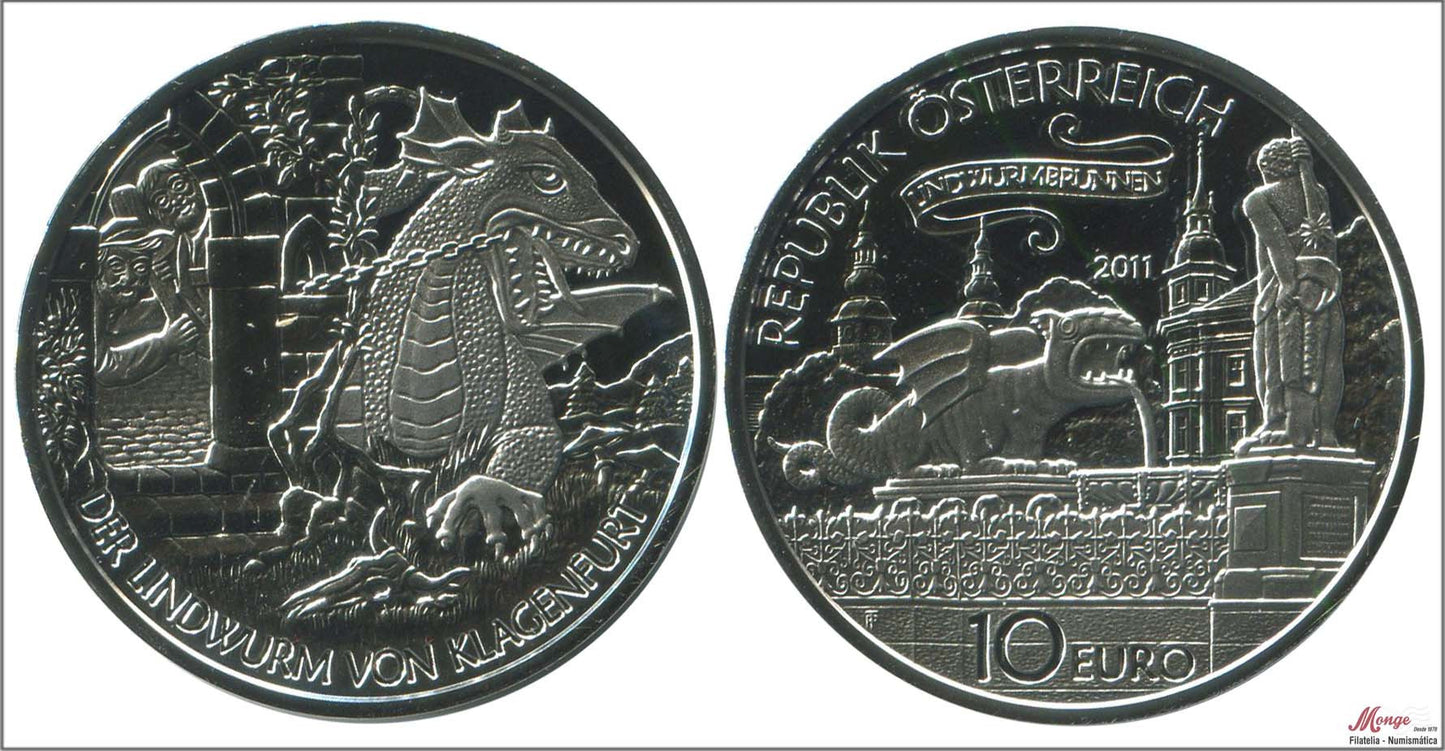 Austria - 2011 - Monedas euros en plata - PROOF - 10 € Año 2011 / Der Lindwurm Klagenfurt / En estuche oficial