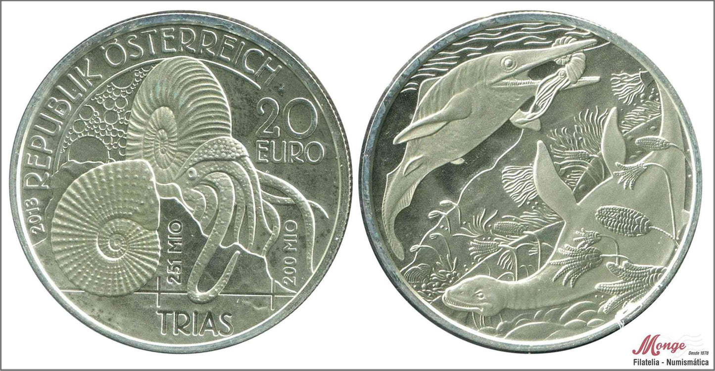 Austria - 2013 - Monedas euros en plata - Nº KM03220 - PROOF - 20 € año 2013 / Triásico - Vida en el agua / 20 gr. plata