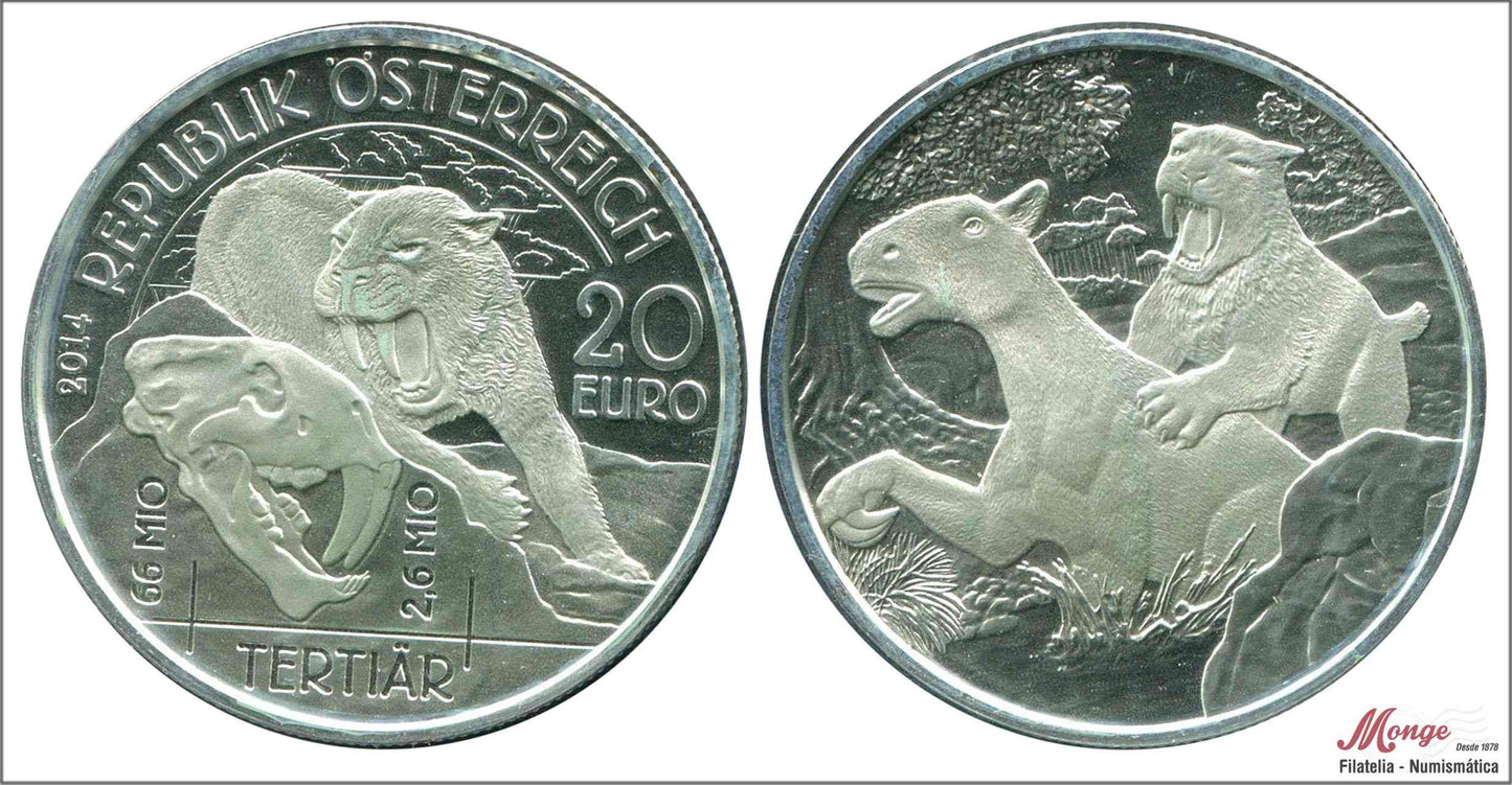 Austria - 2014 - Monedas euros en plata - Nº KM03234 - PROOF - 20 € año 2014 / Prehistoricos Terciario / 20 gr. plata