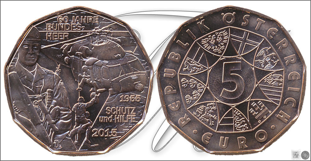 Austria - 2015 - Monedas Euros circulación - S/C / UNC - 5 € Año 2015 / 2ª / 60 Aniv. Bundes-Heer / Cobre