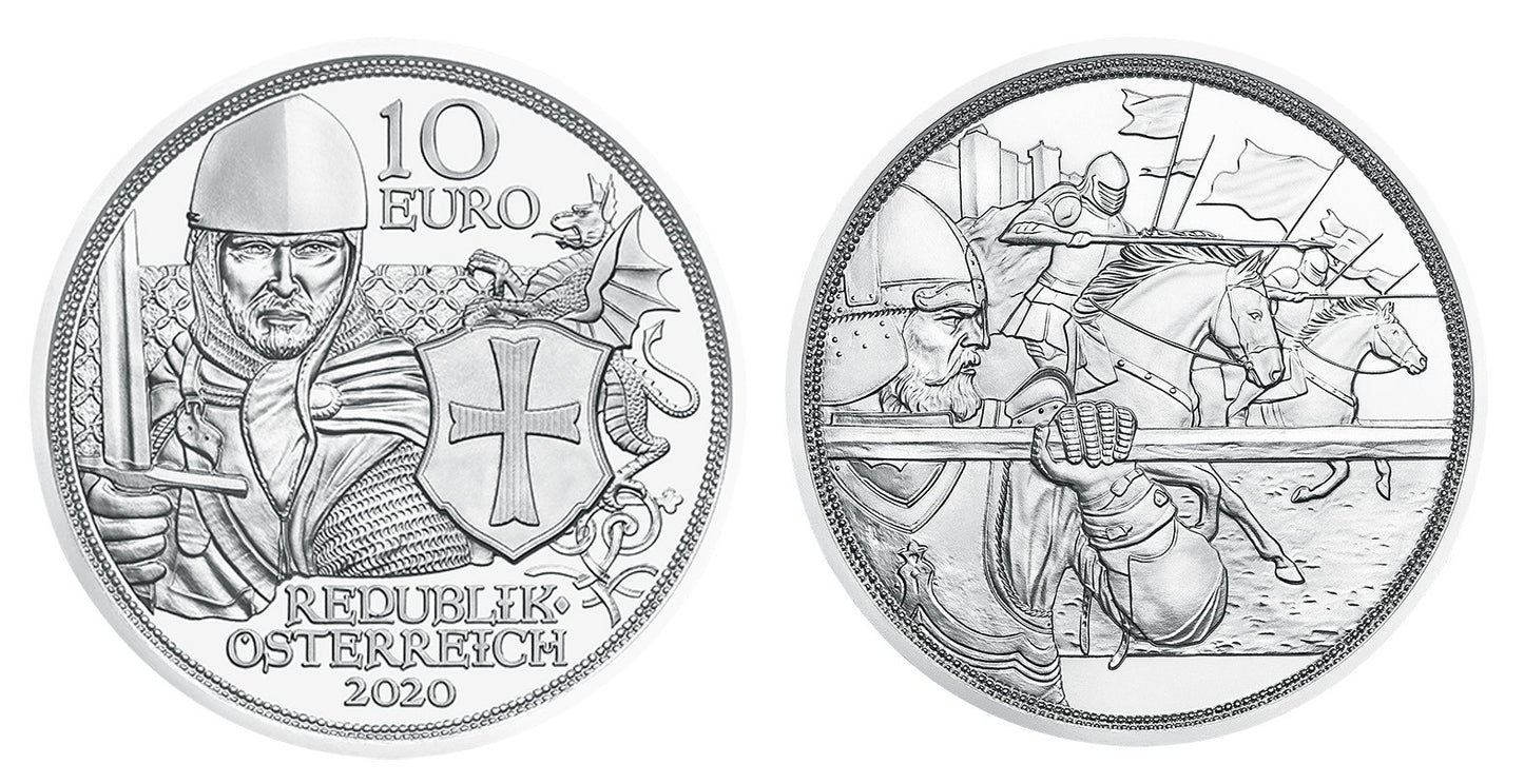 Austria - 2020 - Monedas euros en plata - S/C / UNC - 10 € Año 2020 1ª / Caballero y monje ´´Coraje´´ / En plafon oficial