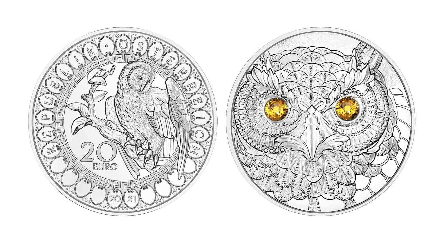 Austria - 2021 - Monedas euros en plata - FDC / MS - 20 € Año 2021 / Buho / En estuche