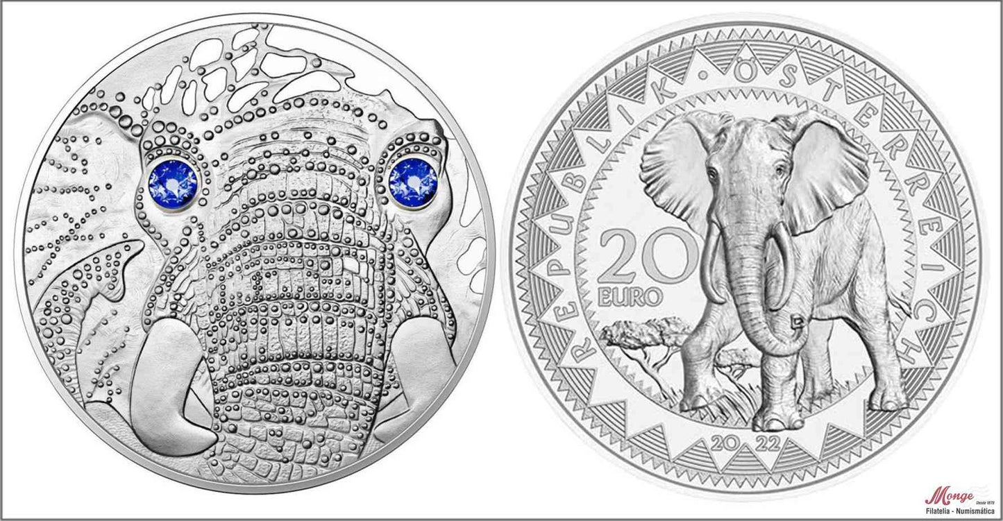 Austria - 2022 - Monedas euros en plata - PROOF - 20 € Año 2022 / Elefante / En estuche oficial