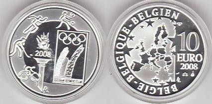 Bélgica - 2008 - Monedas euros en plata - PROOF - 10 € año 2008 / Olimpiada Pequin / En estuche