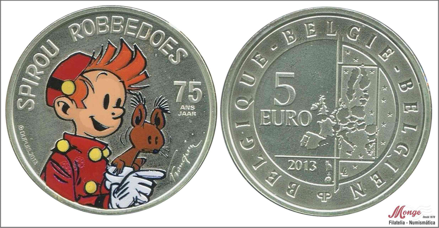 Bélgica - 2013 - Monedas euros en plata - PROOF - 5 € Año 2013 / Spirou - Robbedoes / Color