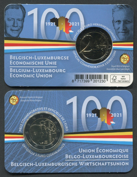 Bélgica - 2021 - Monedas Euros circulación - S/C / UNC - 2 € Año 2021 / 100 Anv. Union Economica /En blister / Existe en Frances