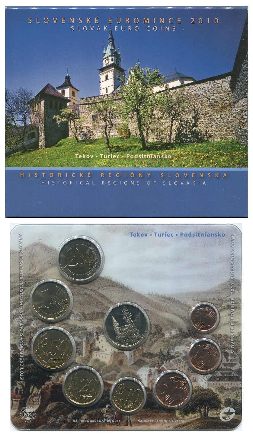 Eslovaquia - 2010 - Monedas Euros en cartera oficial - FDC / MS - Cartera año 2010 / Historia de la Region (8 monedas+1 medalla)