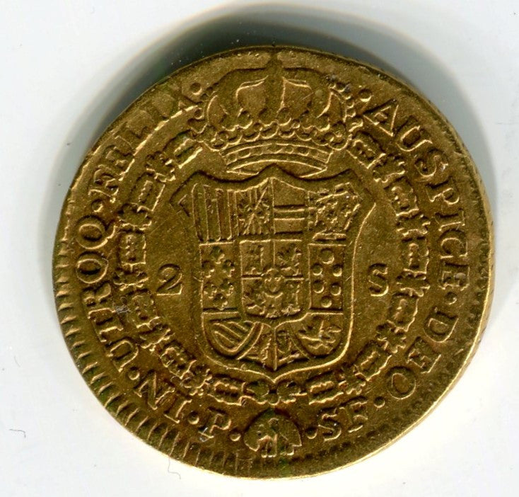 España - 1709 - Carlos III - Nº 00509 - BC / F - 2 Escudo 1709 Popayan SF / 6,75 gr. oro