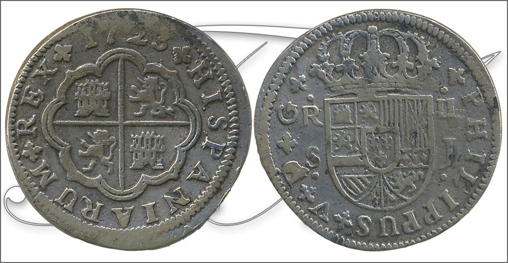 España - 1723 - Felipe V - Nº 01425 - Muy Buena conservación - MBC / VF - 2 Reales 1723 J Sevilla Ag