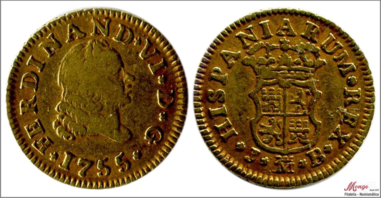 España - 1755 - Fernando VI - Nº 00252 - MBC+ / VF+ - 1/2 Escudo 1755 Madrid JB 1,80 gr. Oro