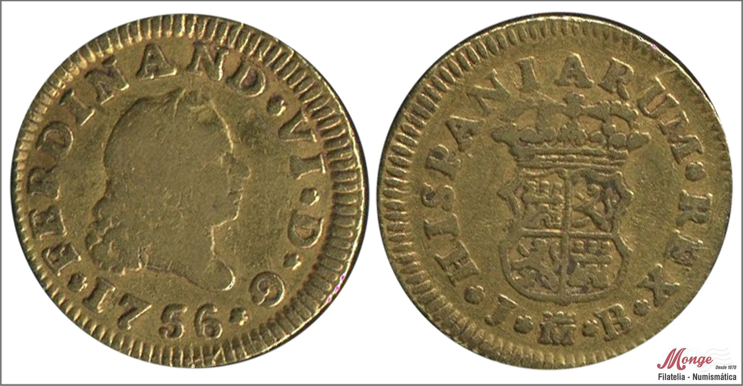 España - 1756 - Fernando VI - Nº 00253 - MBC - / VF- - 1/2 Escudo 1756 Madrid JB 1,70 gr. Oro