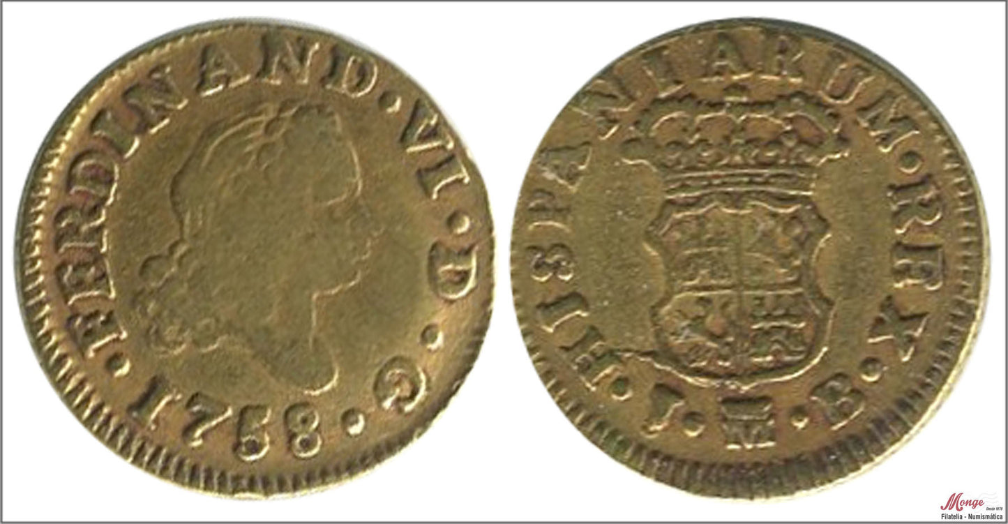 España - 1758 - Fernando VI - Nº 00256 - MBC - / VF- - 1/2 Escudo 1758 Madrid JB 1,80 gr. oro