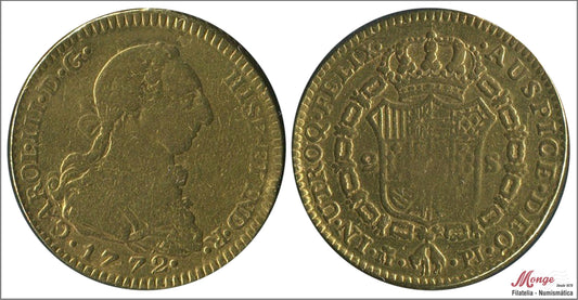 España - 1772 - Carlos III - Nº 00445 - BC- / F- - 2 Escudos 1772 Madrid PJ / 6,72 gr. oro - descolgada