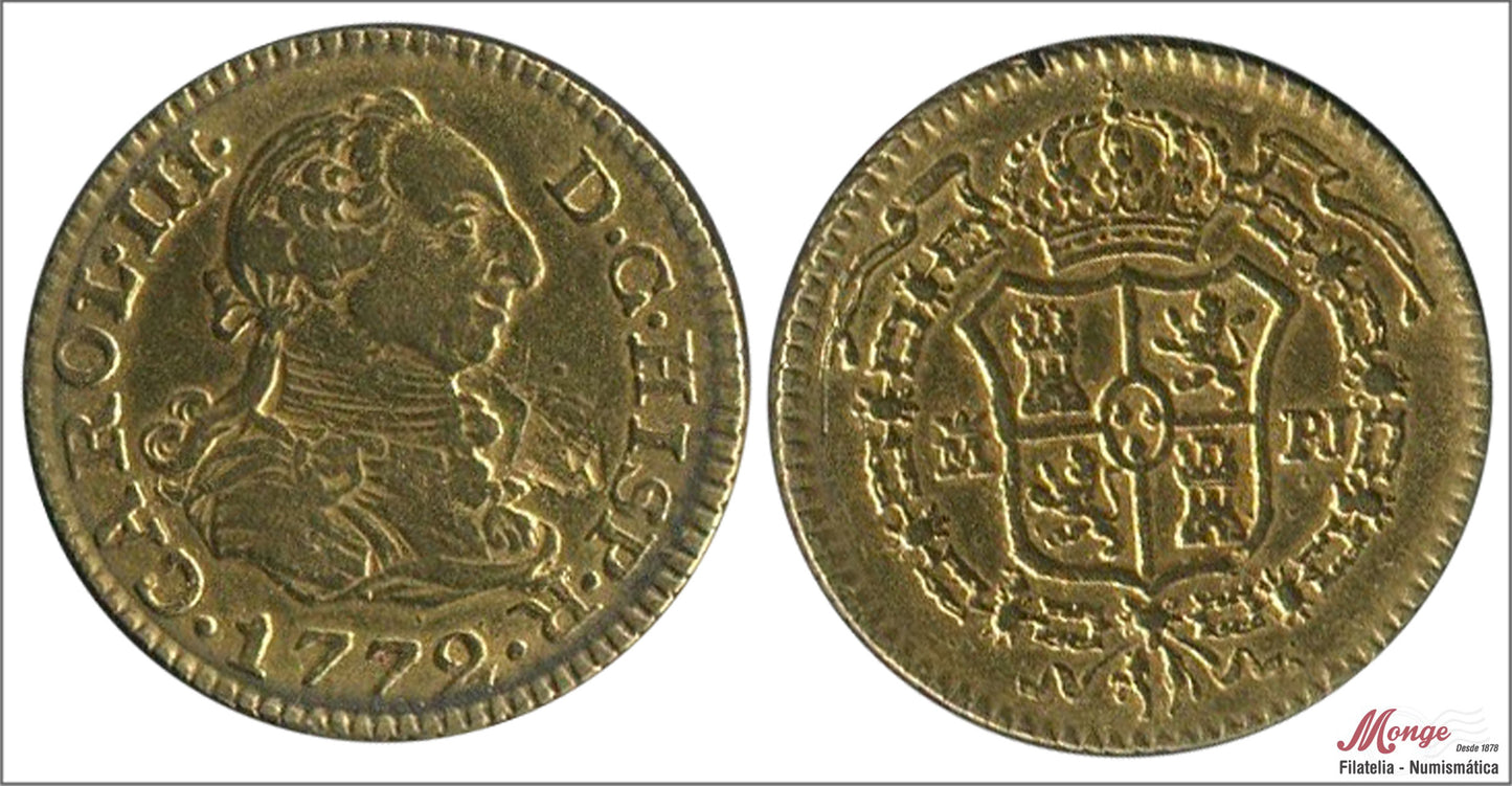 España - 1772 - Carlos III - Nº 00766 - MBC / MBC+ - 1/2 Escudos 1772 PJ Madrid 1,74 gr oro - pequeño corte en canto