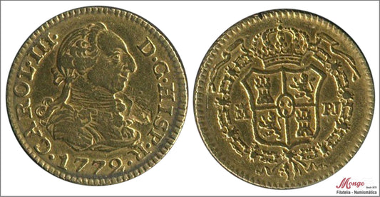 España - 1772 - Carlos III - Nº 00766 - MBC / MBC+ - 1/2 Escudos 1772 PJ Madrid 1,74 gr oro - pequeño corte en canto