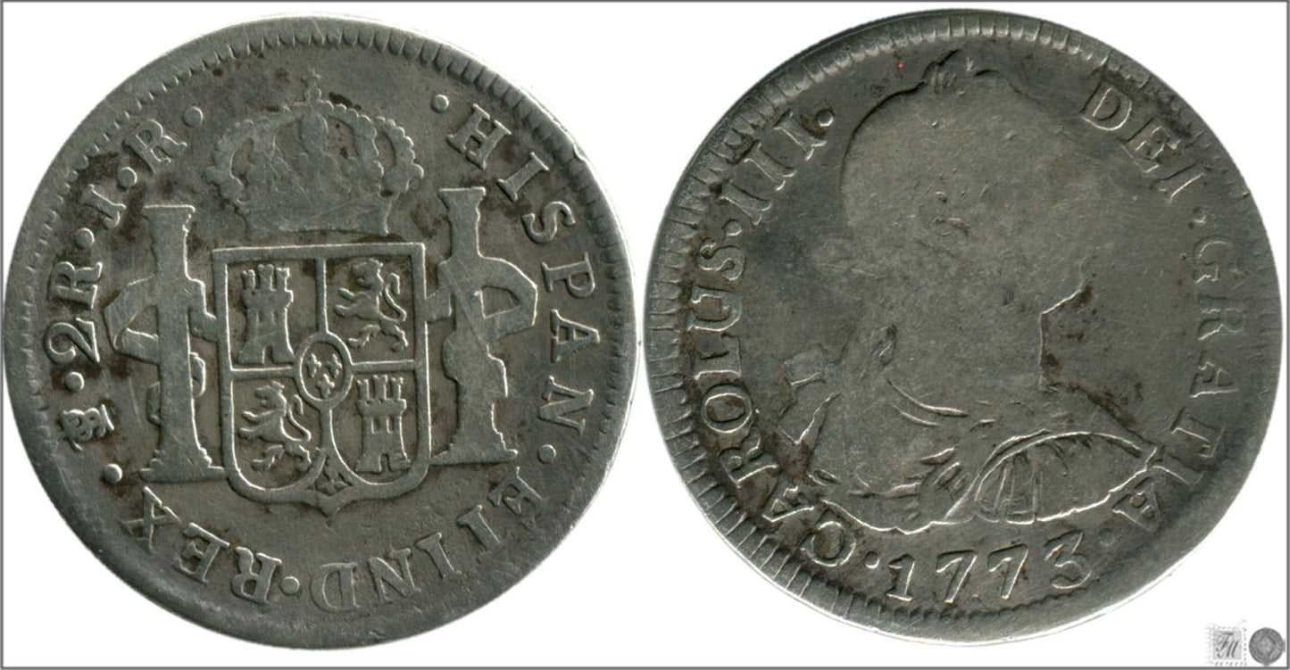 España - 1773 - Carlos III - Nº 01381 - Cara y Cruz - RC/ BC - 2 Reales 1773 JR Potosi Ag