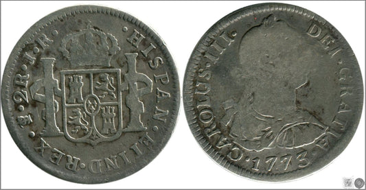 España - 1773 - Carlos III - Nº 01381 - Cara y Cruz - RC/ BC - 2 Reales 1773 JR Potosi Ag