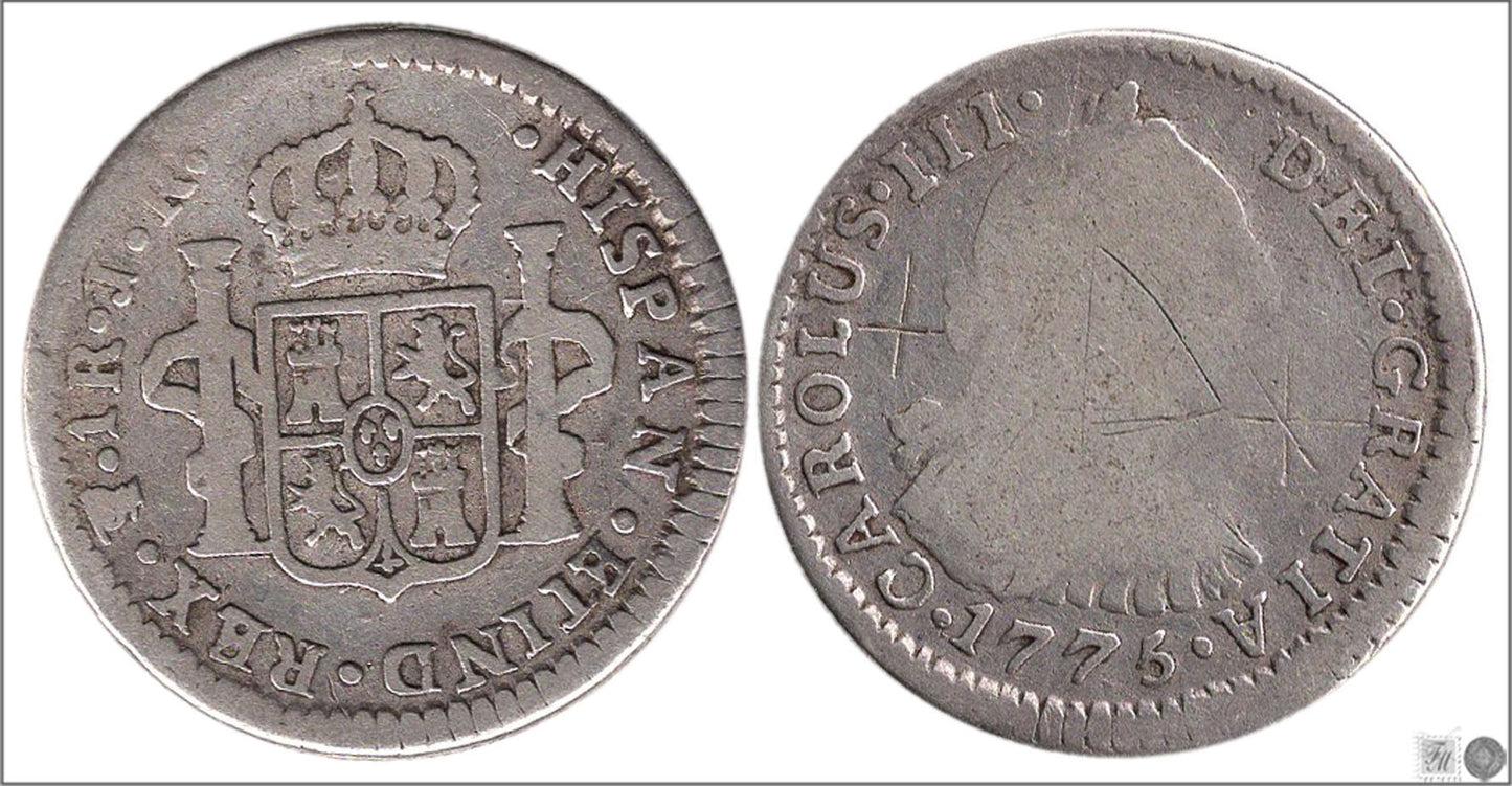 España - 1775 - Carlos III - Nº 01599 - Buena conservación - BC- / F- - 1 Real 1775 JR Potosi Ag