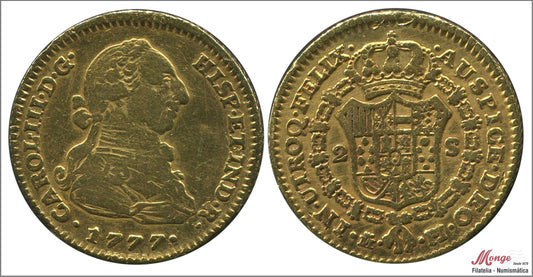 España - 1777 - Carlos III - Nº 00450 - MBC - / VF- - 2 Escudos 1777 PJ Madrid 6,65 gr. oro - limpiada