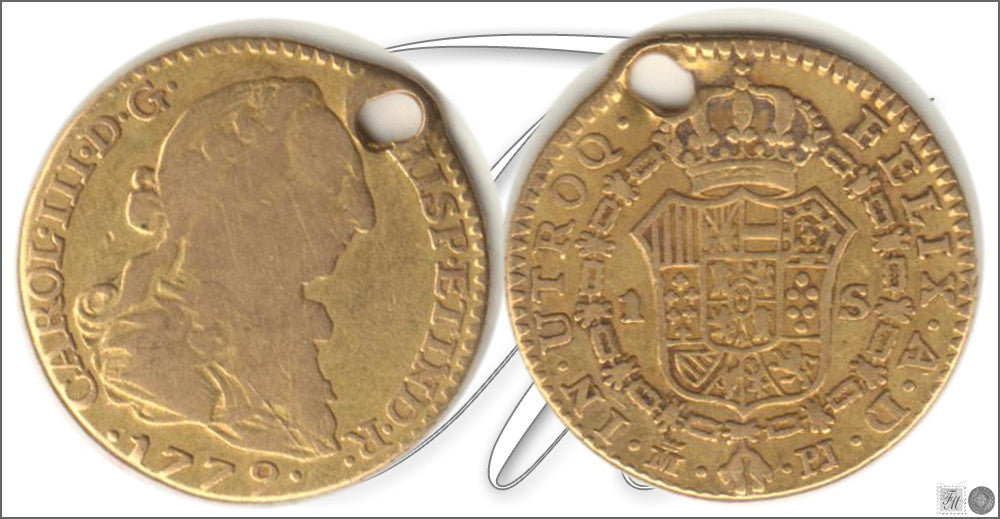 España - 1779 - Carlos III - Nº 00621 - MBC - / VF- - 1 Escudo 1779 Madrid PJ / 3,40 gr. oro / Perforada parte superior