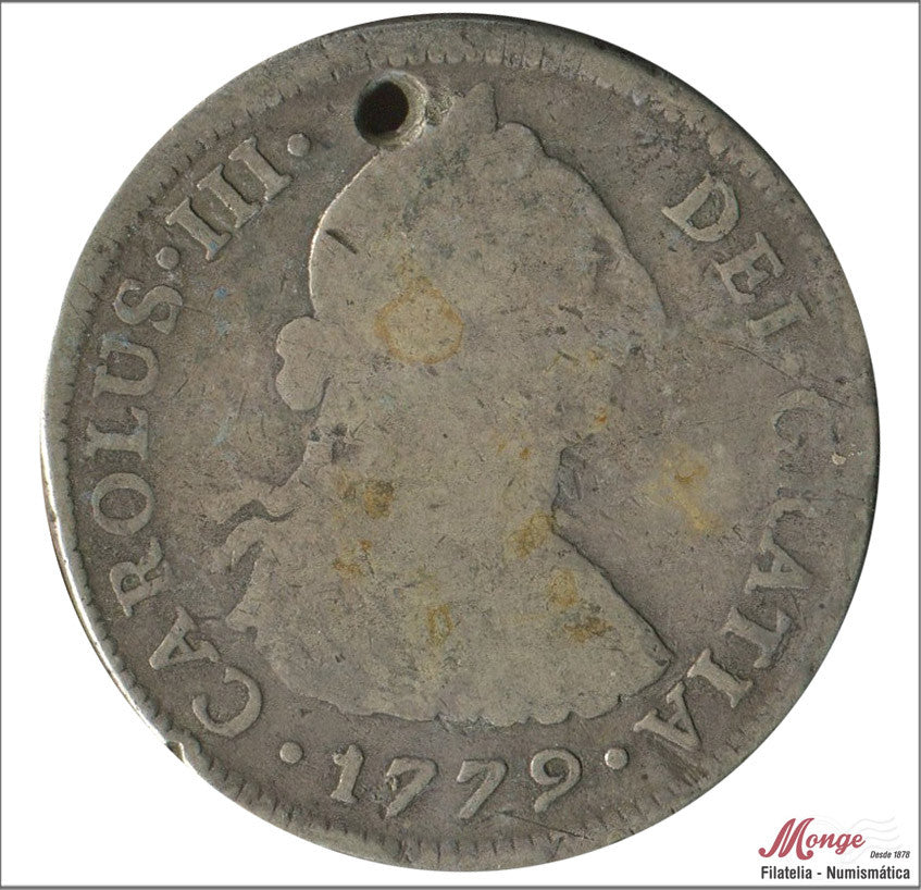 España - 1779 - Carlos III - Nº 01090 - BC- / F- - 4 Reales 1779 MJ Lima /12,45 gr. plata - perforada